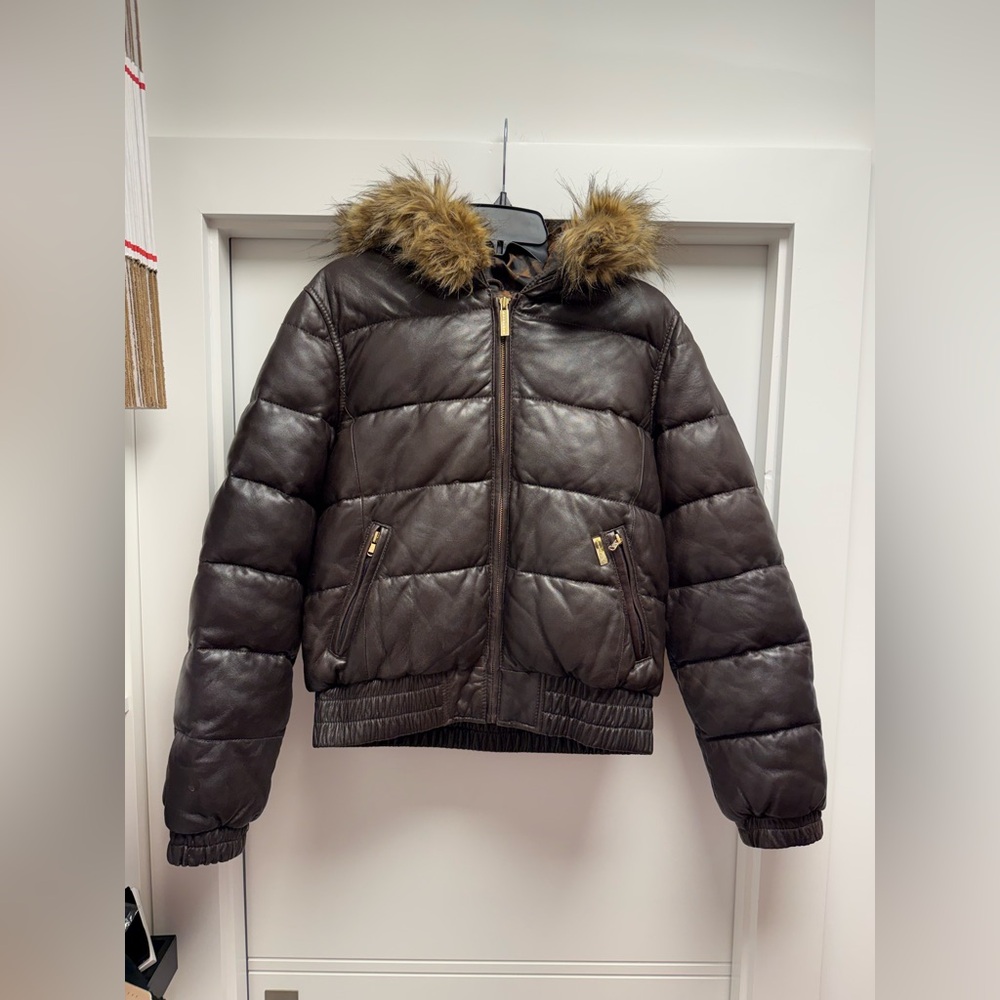 Vintage Y2K Sean John Brown Leather Puffer Coat Faux Fur Hood